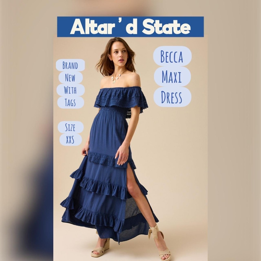 Altar'd State Becca Maxi Dress off the shoulder in Navy Blue with ruffled tiers